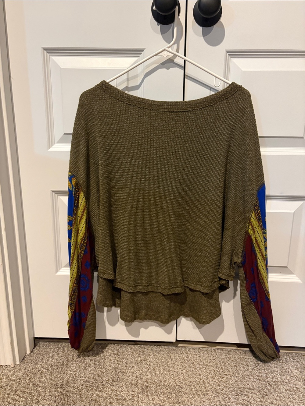We The Free Olive Knit Top with Patterned Blue & Yellow Sleeve Panels